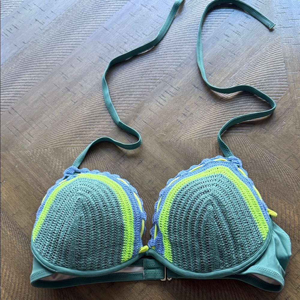 Crochet Overlay Halter Bikini Top in Teal, Lime & Periwinkle